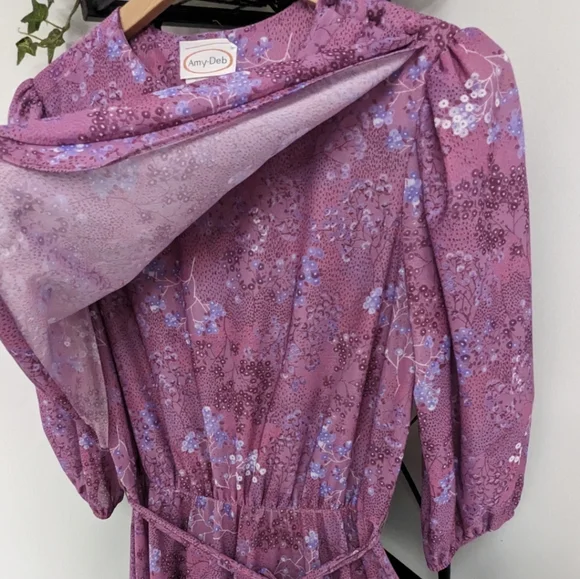 Vintage 70's Purple Flowy Floral Bib Cottage Core Midi Amy-Deb Dress Made in USA - Picture 3 of 16